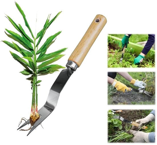 Strumento per la rimozione dell'erba - Peso leggero - Manuale - Acciaio inossidabile - Manico in legno - Forma Y - Attrezzo da giardino 27 cm