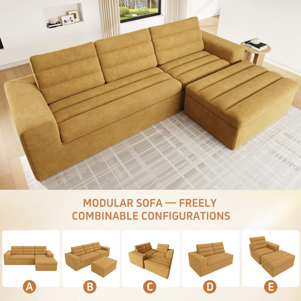 Divano angolare modulare senza telaio con seduta morbida e cuscini per soggiorno in ciniglia arancione 253 × 161 × 89 cm