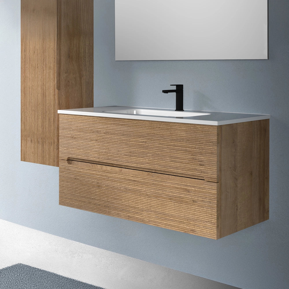 Mobile bagno sospeso 100 rovere cannettato 2 cassetti lavabo e specchio Rigo