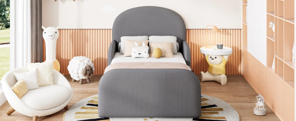 DESMIU Letto per bambini 90 × 200 cm con vano contenitore idraulico e sponde di sicurezza, senza materasso, in velluto, grigio
