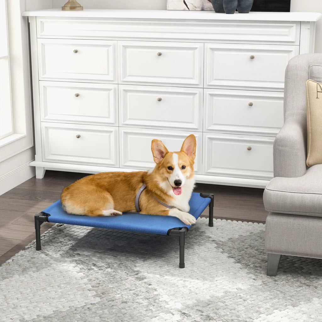 Cuccia Lettino per Cani Rialzato Pieghevole per Interno ed Esterno in Metallo e Tessuto Oxford, 76x61x18 cm, Blu