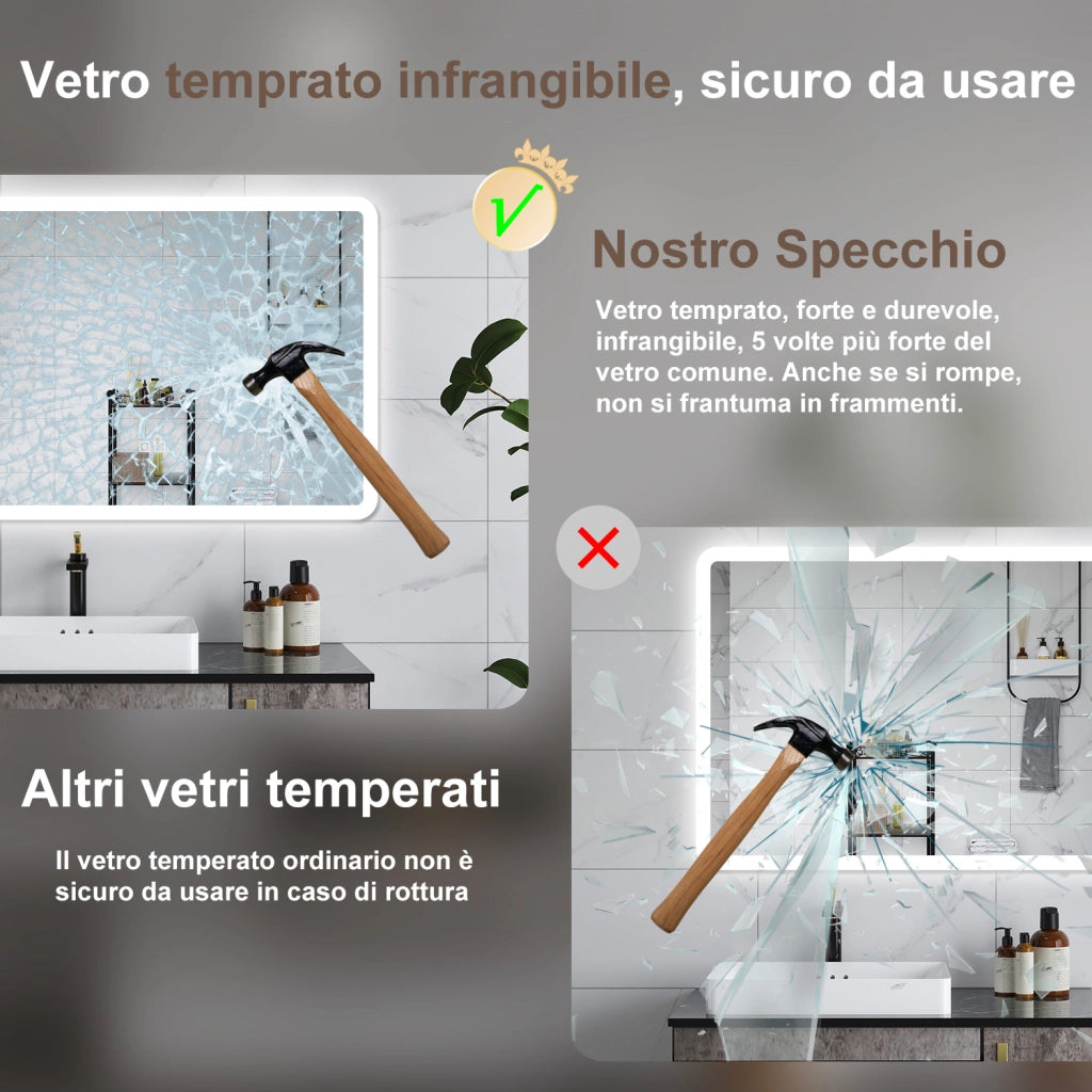 AICA Specchio da bagno  80 x 60 cm, dimmerabile, Blue tooth, Funzione Memoria, antiappannamento, 3 colori