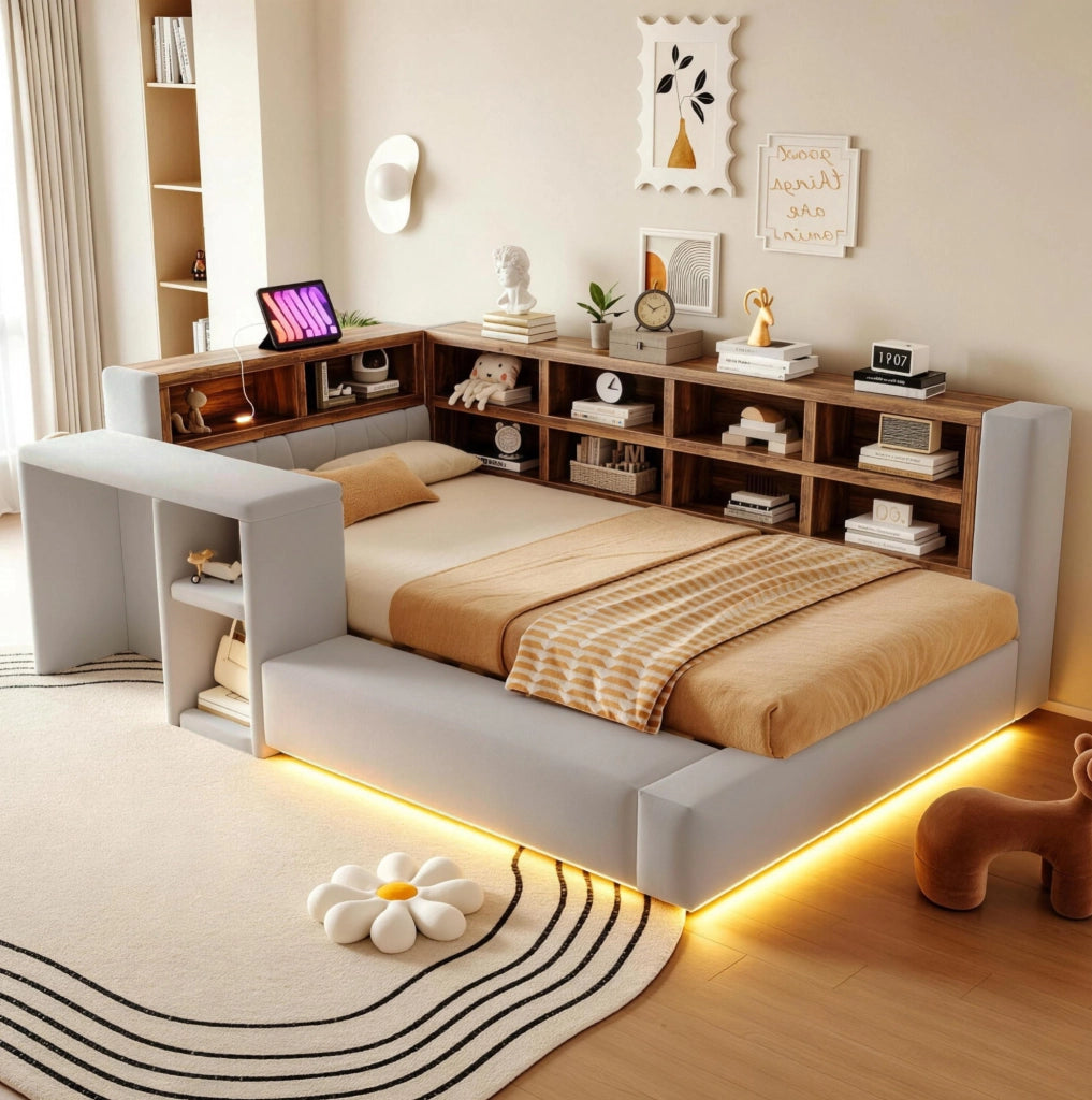 Letto singolo 90x200 cm con LED; prese integrate e ripiani in velluto grigio chiaro