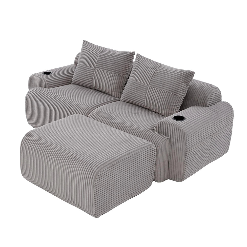 Canap¨¦ modulable in velluto costato per 2 persone - Xylo - Grigio chiaro con porta-bevande e tasche laterali