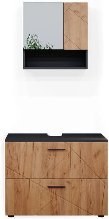 Set mobili bagno Irma, Quercia dorata/antracite, 80 cm, composto da specchio da bagno e mobile sottolavabo