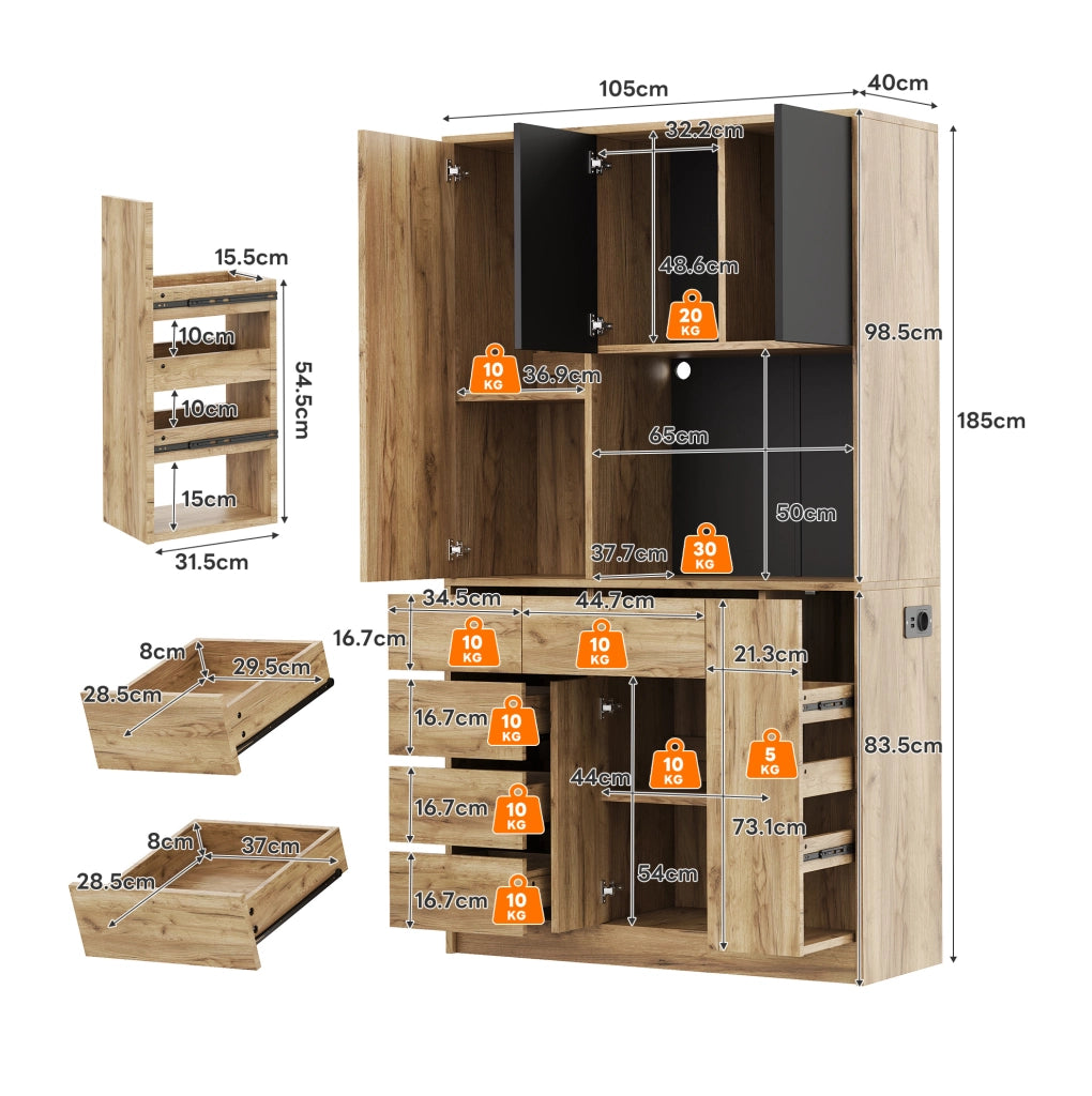 Mobile buffet da cucina con LED; presa integrata e ripiani regolabili 185 x 105 x 40 cm; nero e naturale