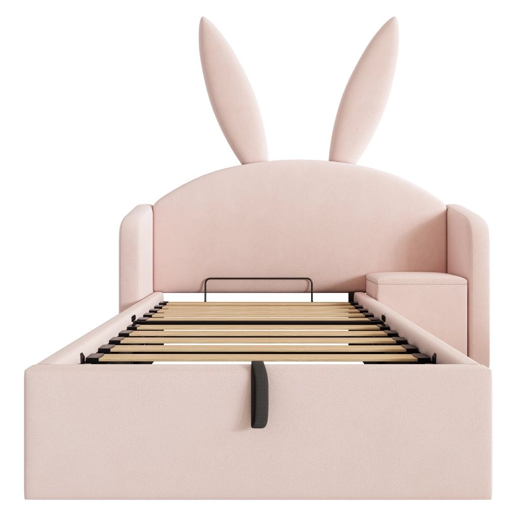 Letto imbottito 90x200 cm rosa con testiera a orecchie di coniglio, comodino contenitore e rete