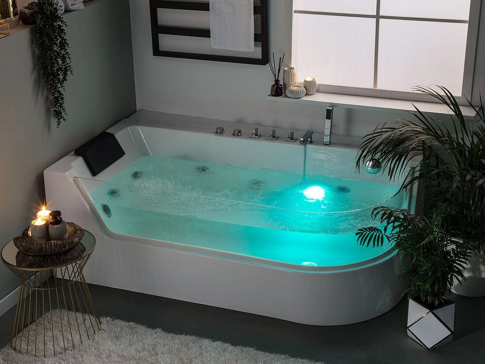 Vasca Idromassaggio Bianco Sanitario Vetro Acrilico Frontale Ecopelle Poggiatesta Illuminazione LED Singola 170 x 85 cm Design Curvo