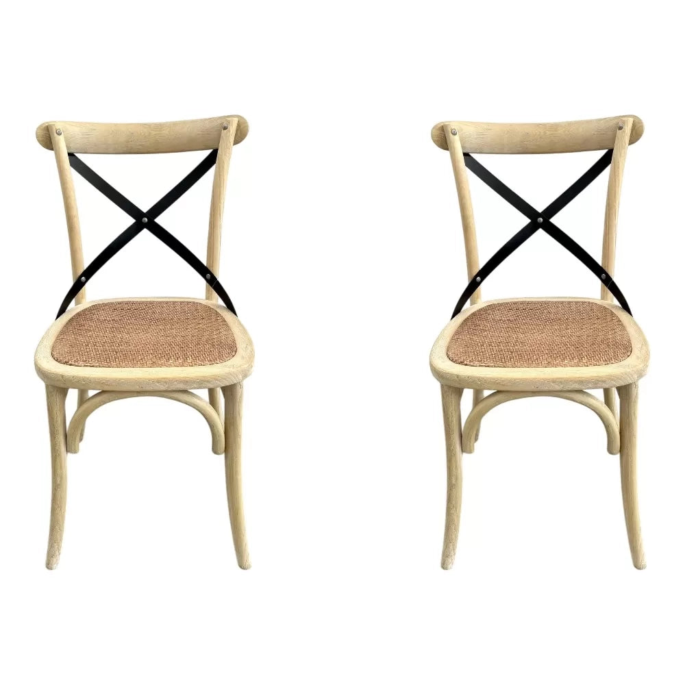 Set 2 sedie cross invecchiate naturale con schienale in ferro e seduta in rattan - Mobili 2G