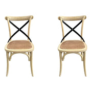 Set 2 sedie cross invecchiate naturale con schienale in ferro e seduta in rattan - Mobili 2G