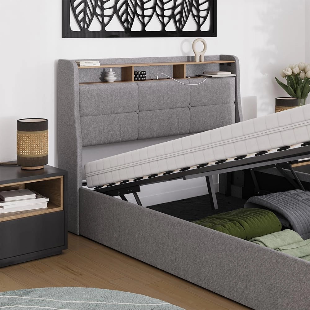 Letto imbottito Christin, Grigio/quercia, con LED e connessione USB, con rete a doghe, funzione pieghevole e base letto integrata