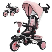 Triciclo per Bambini, 6 in 1 Passeggino per Bambini, con Maniglia da Spingere, Sedile Regolabile, Design Pieghevole, Rete di Sicurezza