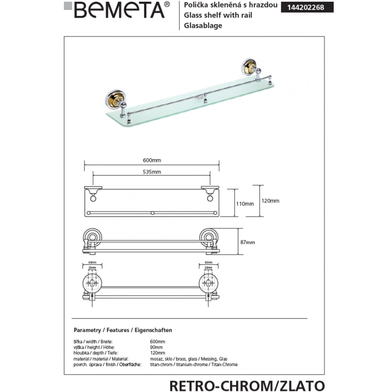 Mensola doccia a muro RETRO in vetro e ottone cromo-oro 60x9x12 cm