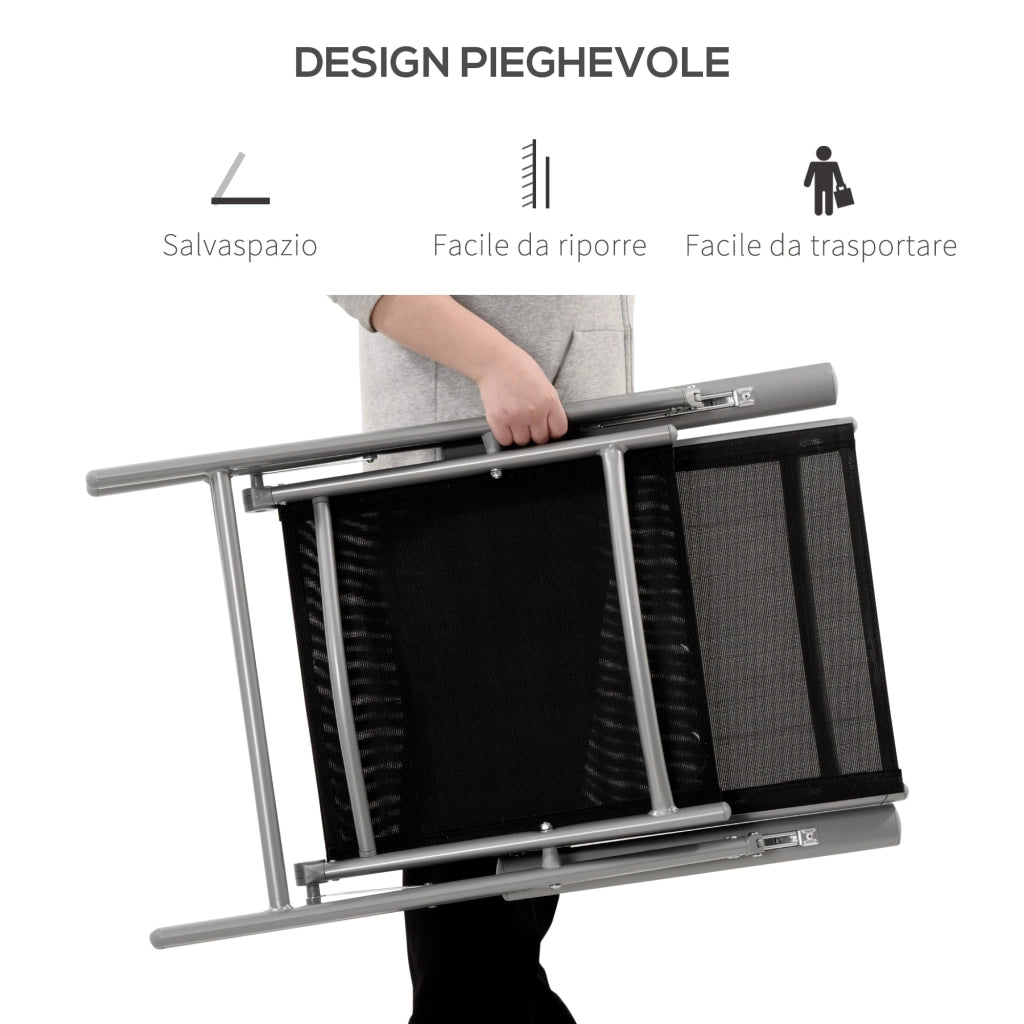Sedia da Giardino Pieghevole in Alluminio e Texteline Schienale Regolabile a 7 Livelli, Nero 65x55x85-105cm