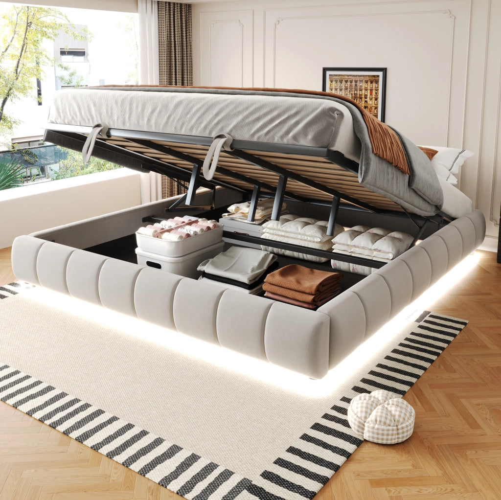 Letto imbottito 180x200 cm senza testiera con LED bianco e contenitore idraulico; beige