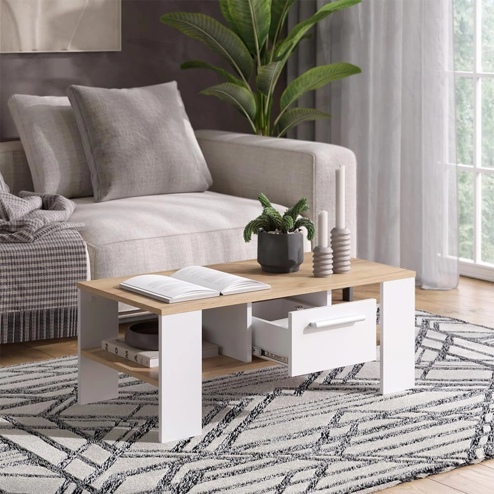 Tavolino Wilmut, Quercia dorata/bianco, 89.8 x 46.4 cm con cassetto, Superficie d’appoggio per riviste e telecomandi