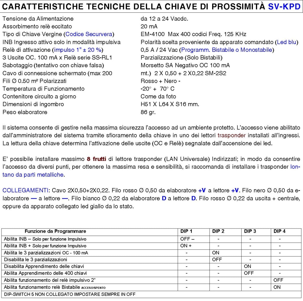Chiave Elettronica di Prossimità 8 Chiavi TAG Due Lettori su Modulo LAN Universale 501/503 RJ45 Alimentazione 12/24 Vac Relè Scambio 2 A a 24 V Funzione Impulsiva o Stabile Segnale di Stato 4 Led GRVB