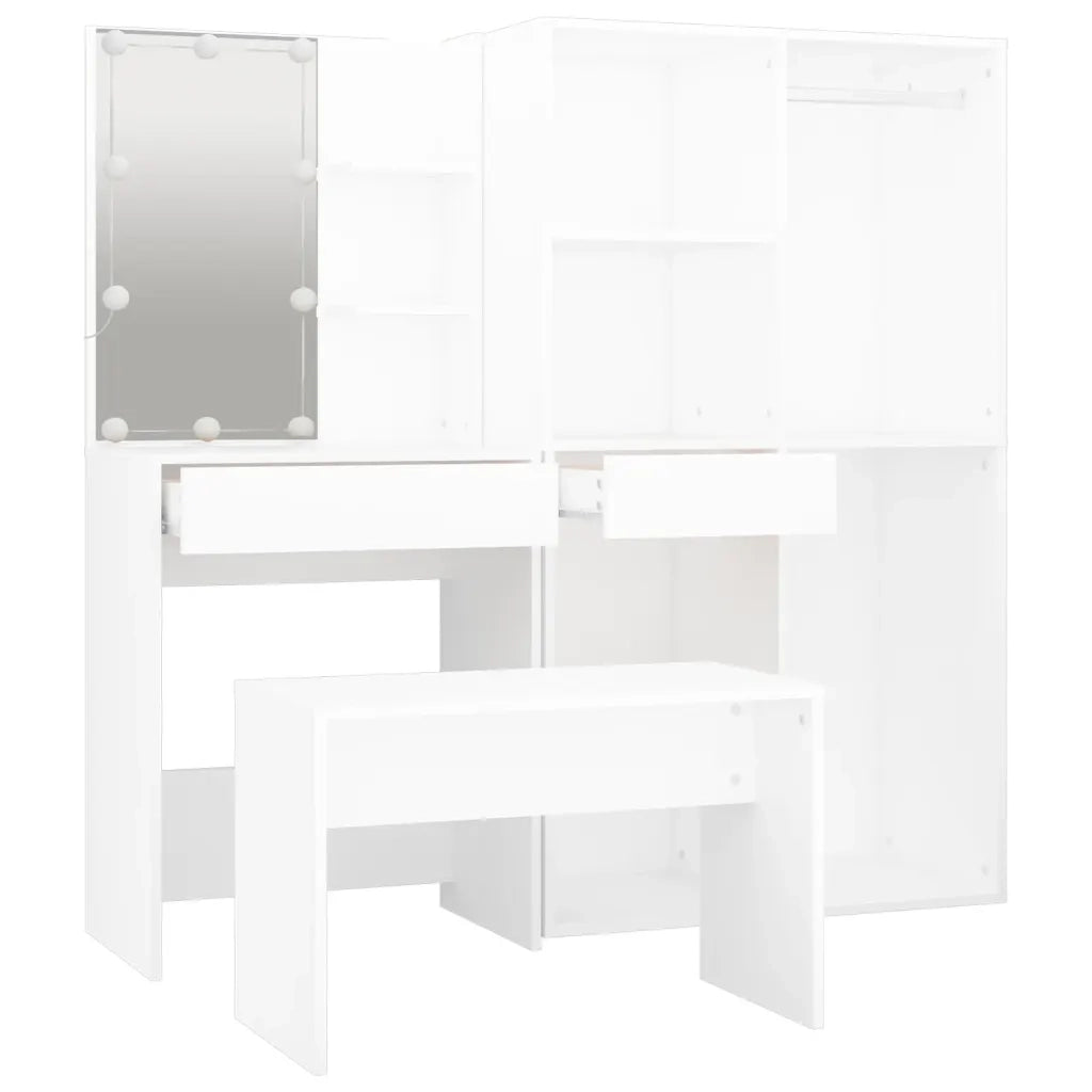 Set Tavolo da Toeletta | Tavolo da Trucco Bianco con LED in Legno Multistrato
