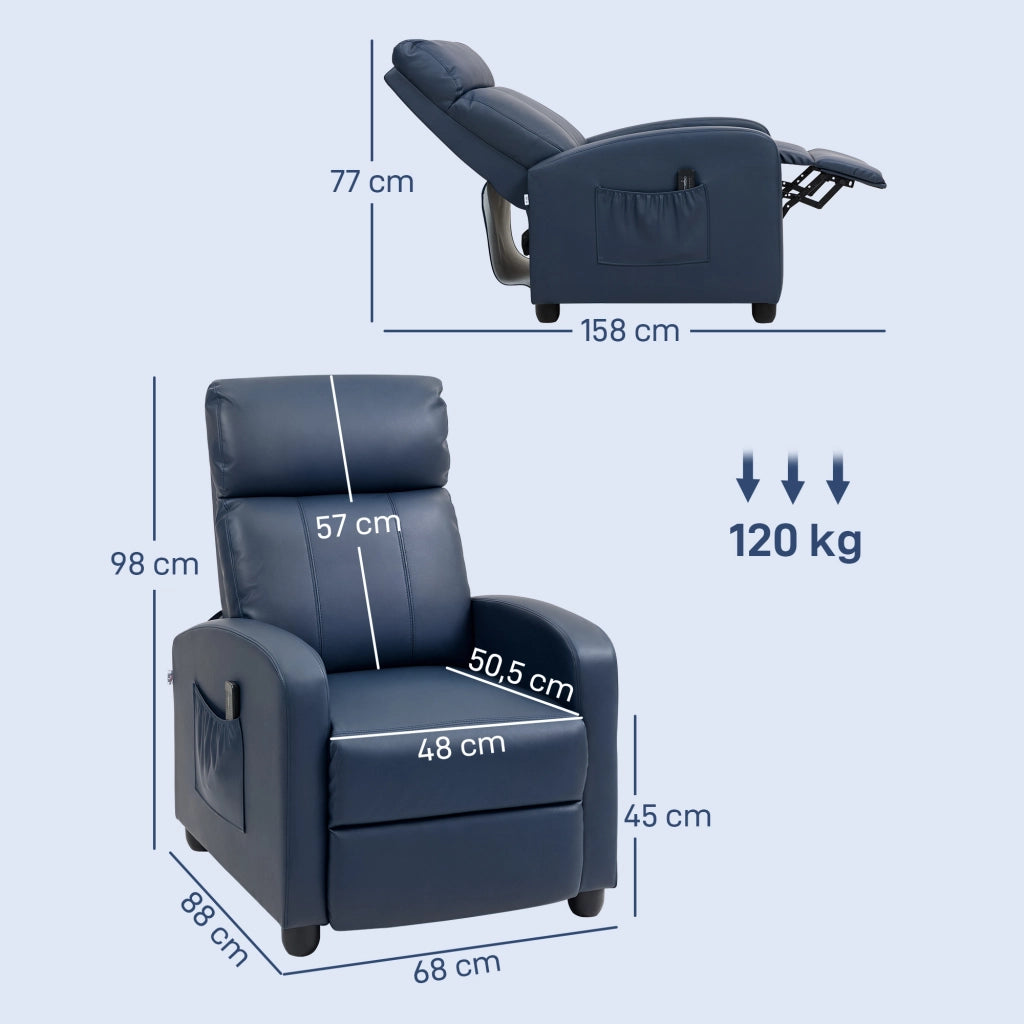 Poltrona Massaggiante Reclinabile 68x88x98 cm con Telecomando e Poggiapiedi in Pelle PU Blu Scuro