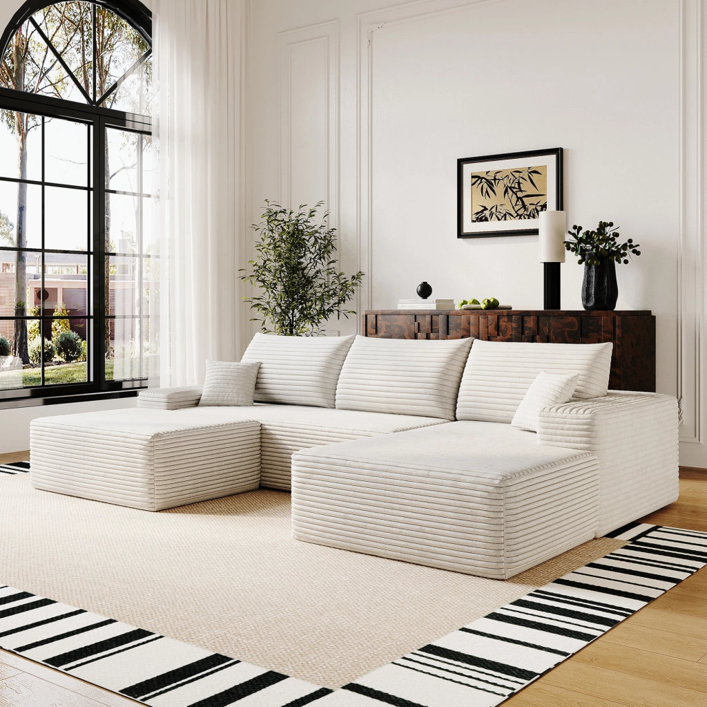 Divano in tessuto a coste 270x175x83 cm con imbottitura in schiuma elastica; bianco