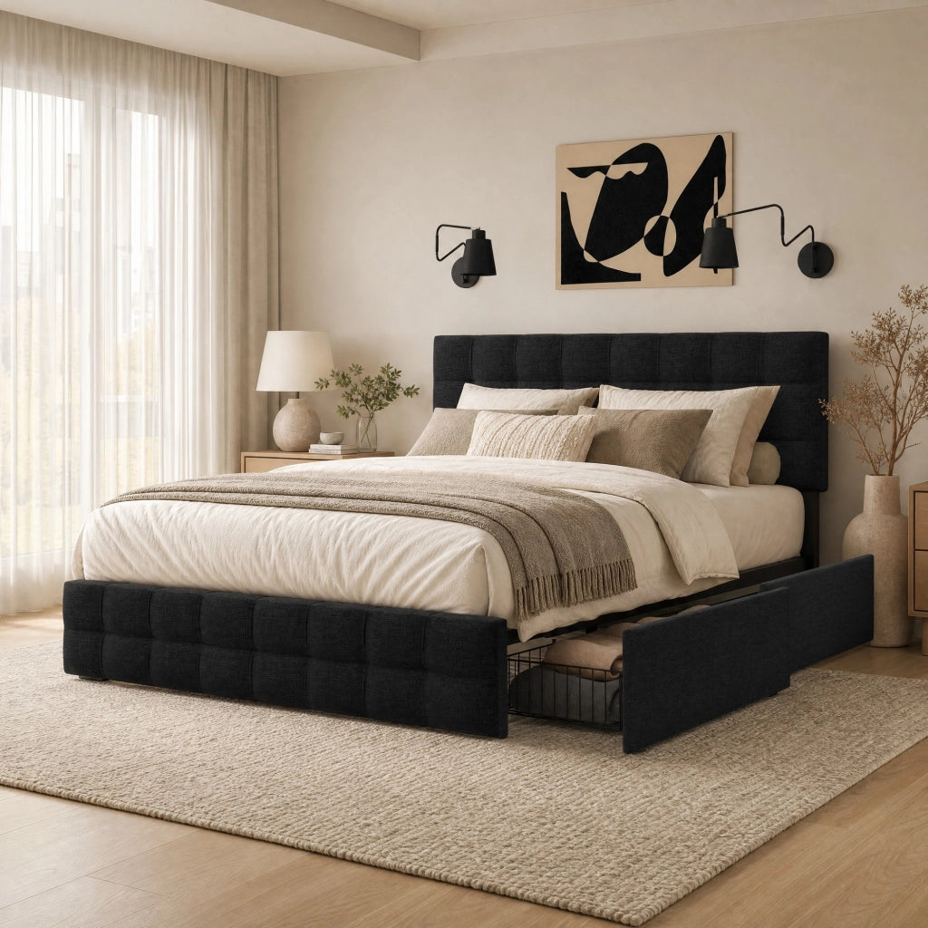 Letto matrimoniale imbottito 140x200 cm con 4 cassetti nero
