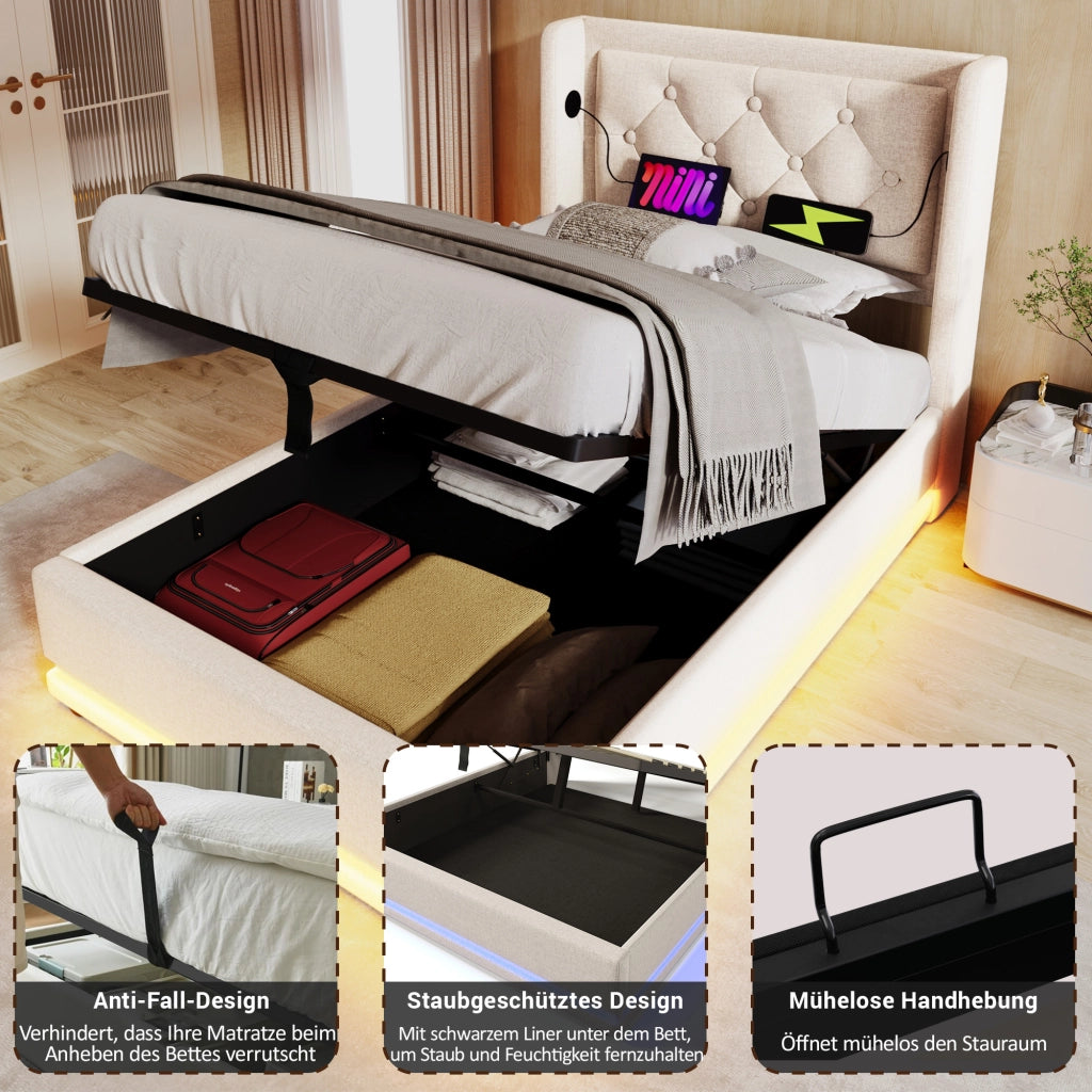LETTO imbottito 90x200 cm beige in cotone con USB Tipo C, LED e contenitore