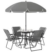 Set da Giardino 6 Pezzi in Acciaio con 4 Sedie Pieghevoli, Ombrellone e Tavolo Rotondo, Grigio e Nero