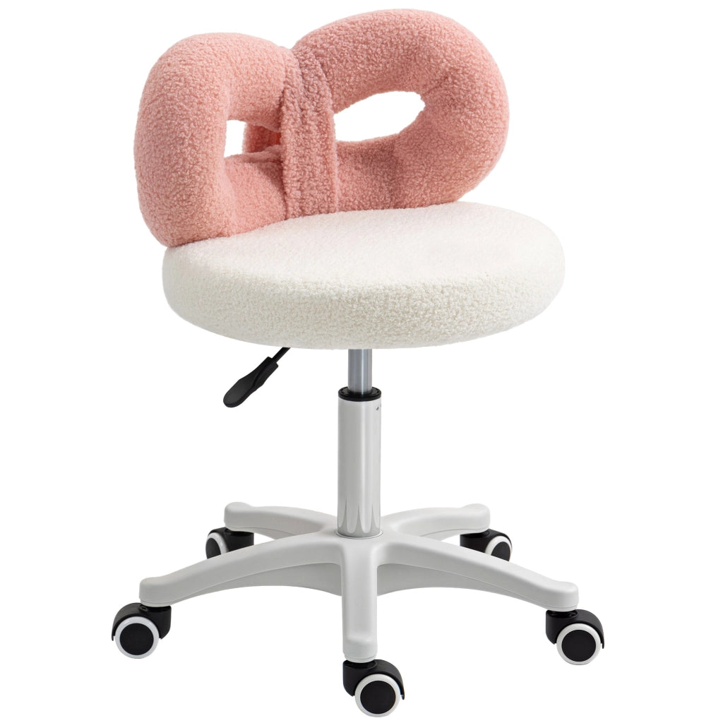 Sgabello Girevole con Schienale a Forma di Fiocco 50x50x63-77 cm in Tessuto Teddy Rosa e Bianco