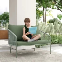 Divano da Giardino 2 Posti in Rattan PE Stile Boho con Cuscini Sfoderabili e Braccioli, Verde