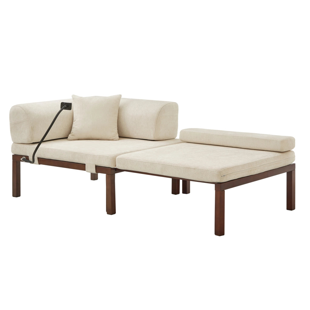 Divano letto pieghevole in legno massello, singolo, beige