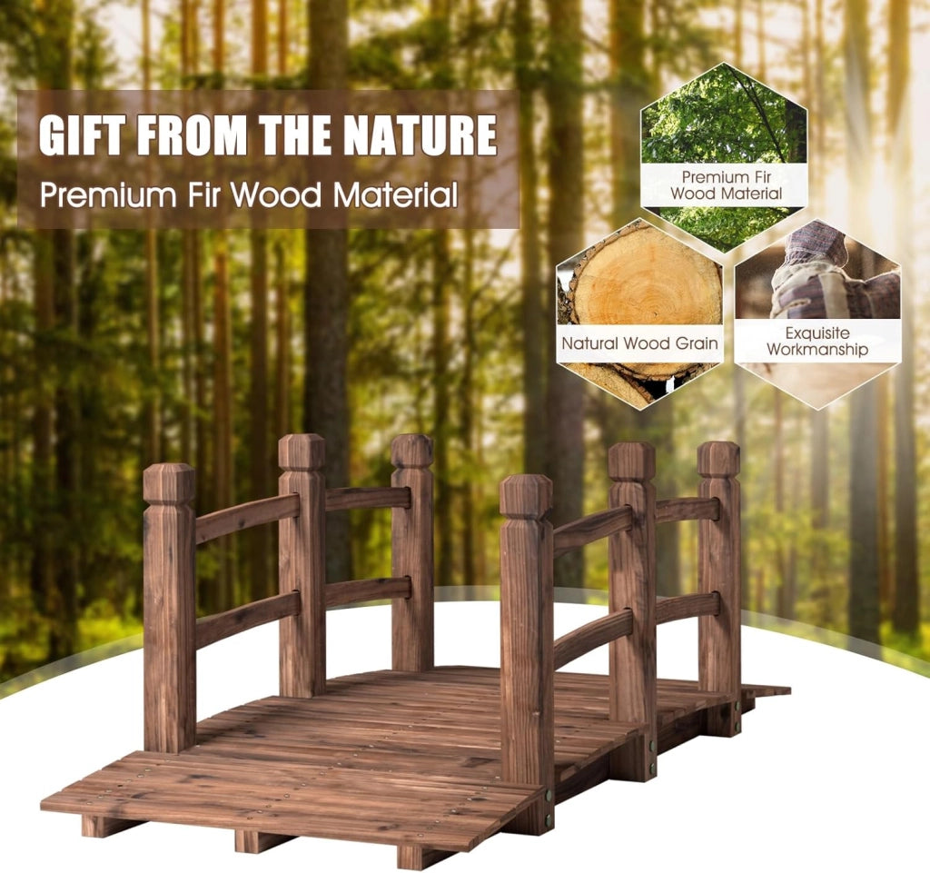 Ponte da Giardino in Legno di Abete Carbonizzato con Ringhiere, Ponticello Calpestabile per Giardino e Stagno Portata 100 kg, 150 x 67 x 55 cm, Marrone