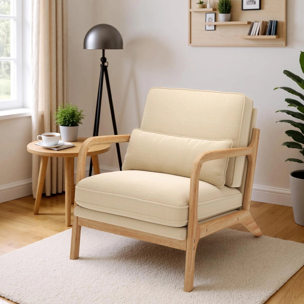 Poltrona da Salotto in Legno di Caucciù,Poltroncina Camera da Letto,con Cuscino Sfoderabile e Schienale con Braccioli con cuscino lombare,82 x 65 x 75CM, Beige