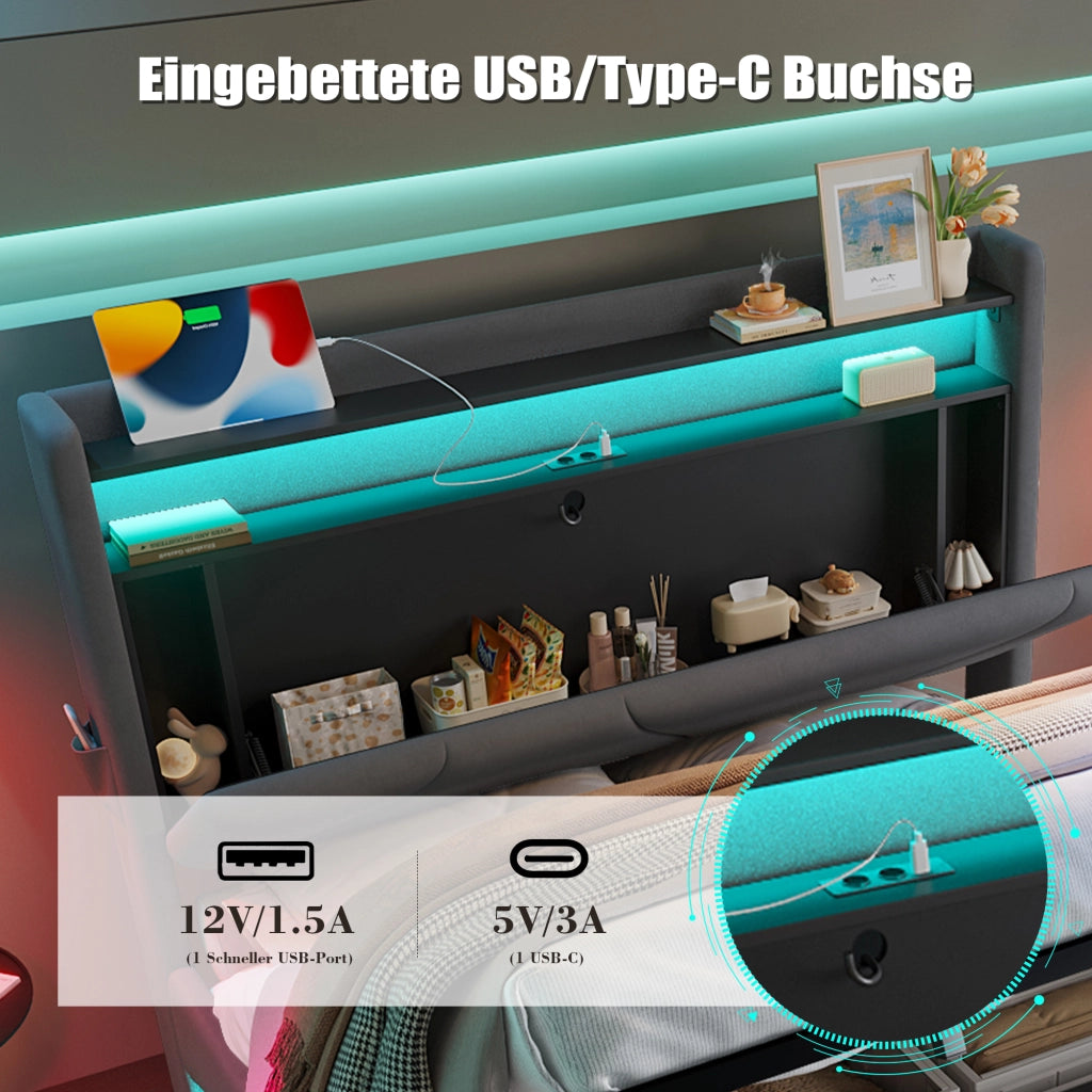 LETTO imbottito 160x200 cm in velluto grigio scuro con LED e porte USB/Type-C