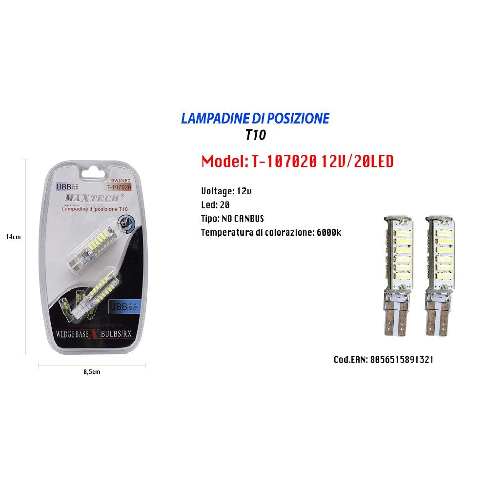 Trade Shop - Lampadine Di Posizione T10 Maxtech T-107020 12v 20led 6000k Lampadine Ultra Luminose -