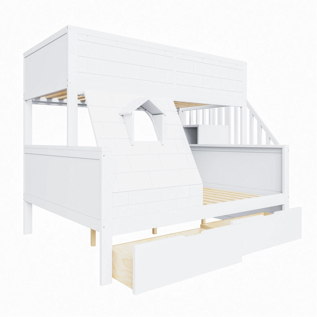 Letto a castello per bambini con scala contenitore e cassetti; 90x200/140x200 cm; bianco