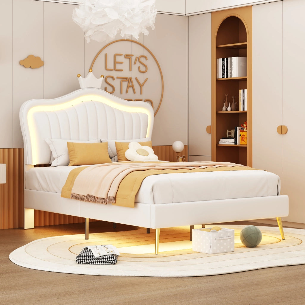 Letto bambino imbottito – 90x200 cm – LED testiera corona – PU bianco