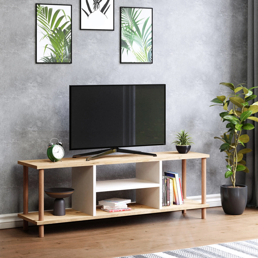 Mobile Basso Porta TV 'Ærøskøbing' con Scomparti Aperti e Gambe di Faggio - color Legno / Bianco [en.casa]