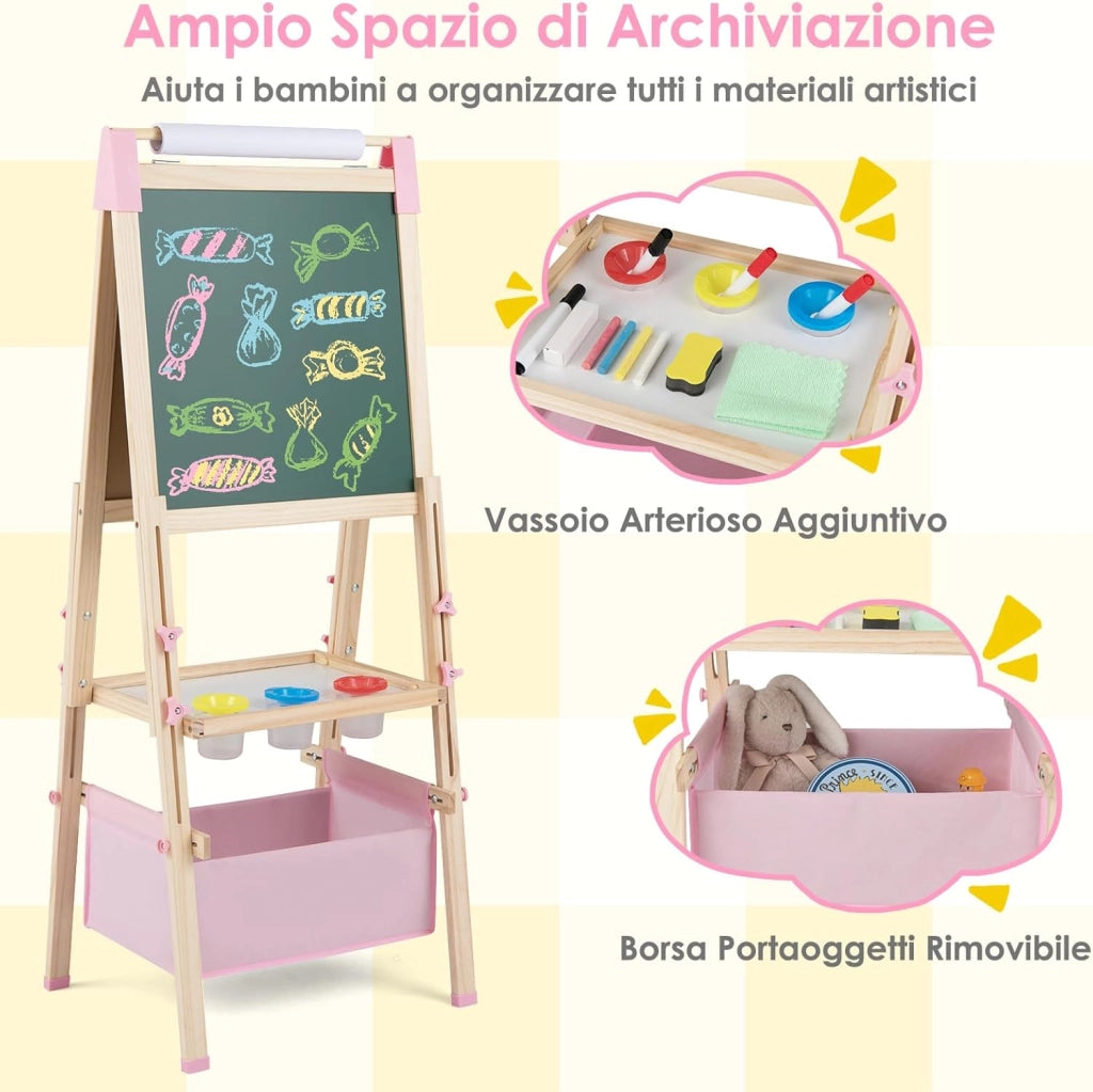 Cavalletto per Bambini Regolabile in Altezza in Legno, Cavalletto a Doppio Lato con Lavagna Magnetica e Bianca, con Scatola, Magneti con Lettere e Numeri, per Bambini 3-8 Anni (Rosa)