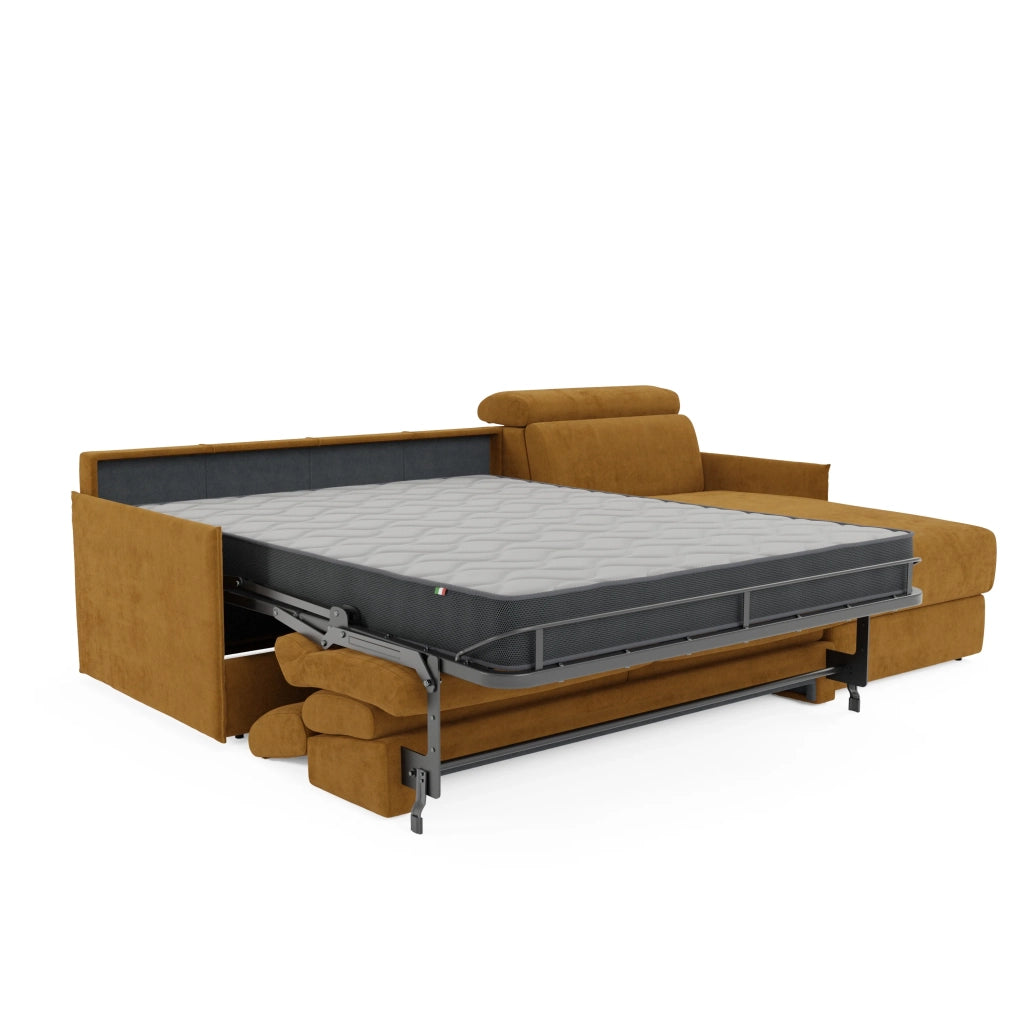 Miryam divano letto angolare compatto - poggiatesta reclinabili e penisola contenitore in tessuto smacchiabile T31 232 cm sinistro giallo ocra