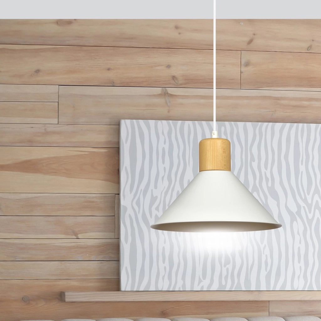 Lampada a sospensione Rowen in acciaio bianco e legno