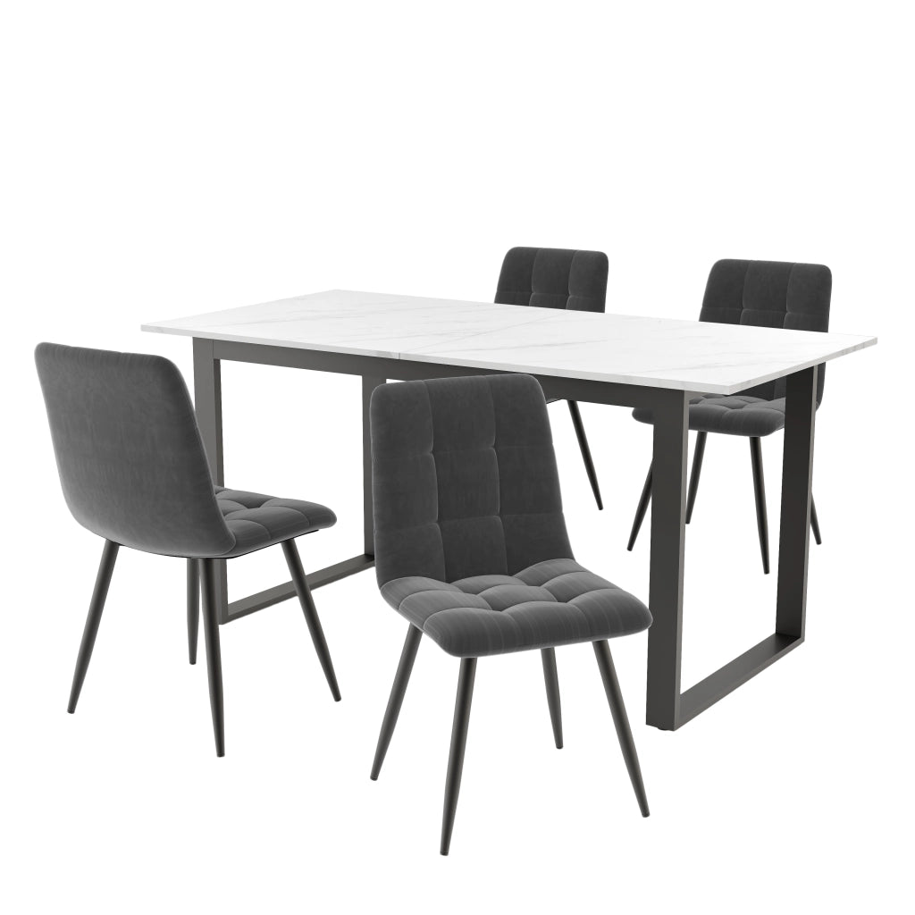 Tavolo da pranzo allungabile con 4 sedie imbottite, piano in MDF bianco, gambe in metallo, per cucina e sala da pranzo
