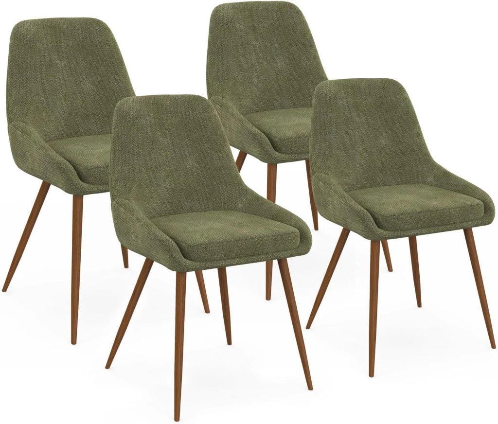 Set di 4 sedie THALYA in ciniglia verde e gambe effetto noce con braccioli