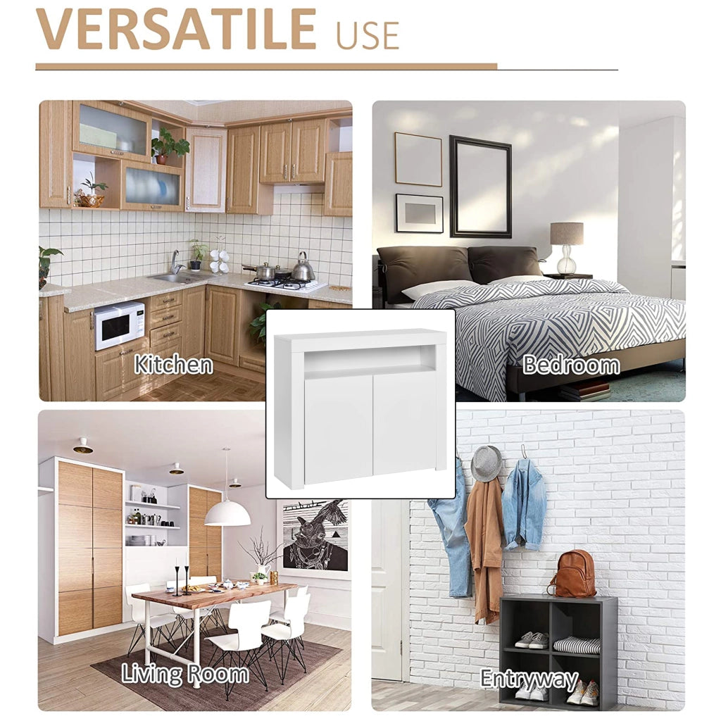 Credenza con 2 ante; vano aperto; LED e USB - per soggiorno - 108x40x92 cm - bianco