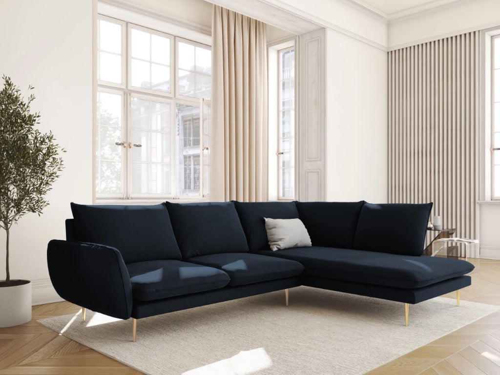 Cosmopolitan Design - Divano angolare destro "Vienna" 6 posti in velluto blu scuro 