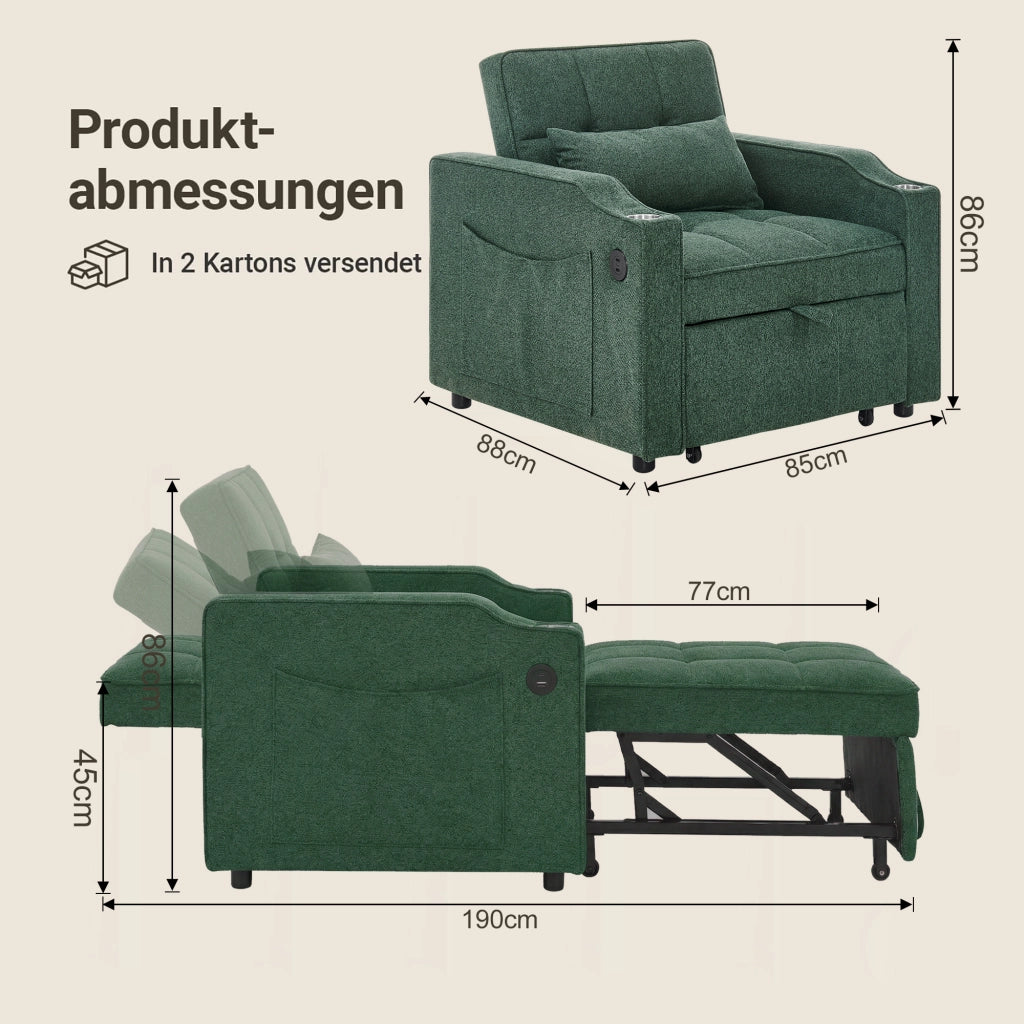 Fauteuil convertible con funzione letto, schienale regolabile, USB e portabicchieri, in tessuto verde 190 cm