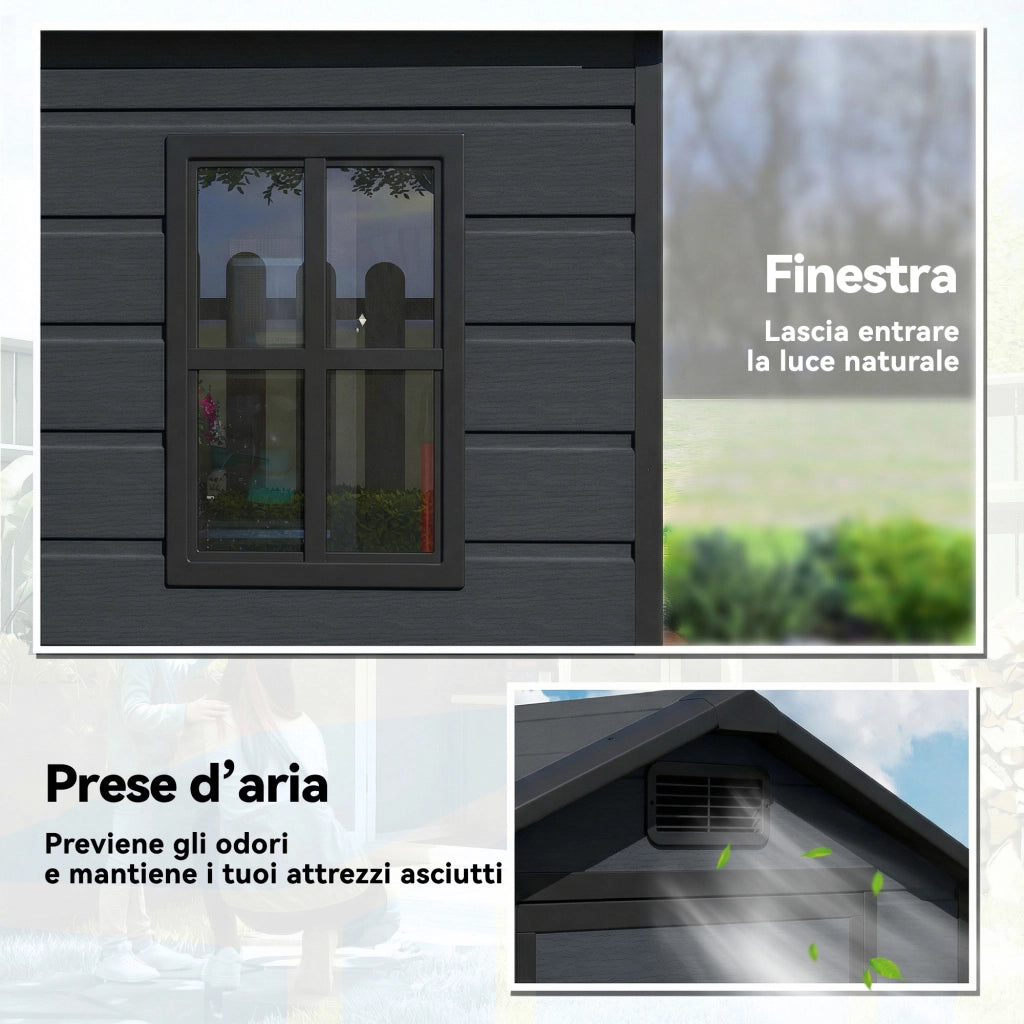 Casetta per Attrezzi a 2 Ingressi 128x104x196 cm con Finestre e Prese d'Aria in PP e Alluminio Grigio Scuro