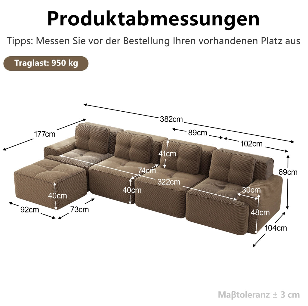 Divano modulare 4 posti con chaise longue a L 382x177x69 cm in corduroy marrone