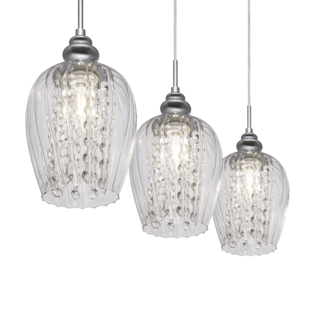 Lampadario Contemporaneo Blues Metallo Nichel 3 Luci Diffusori Vetro Trasparente