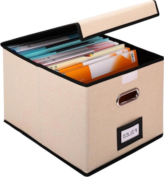 Cassetta di archiviazione in tessuto pieghevole con coperchio e foro per etichetta - Organizzatore sovrapposto per lettere e cartelle - Adatto per ufficio o casa