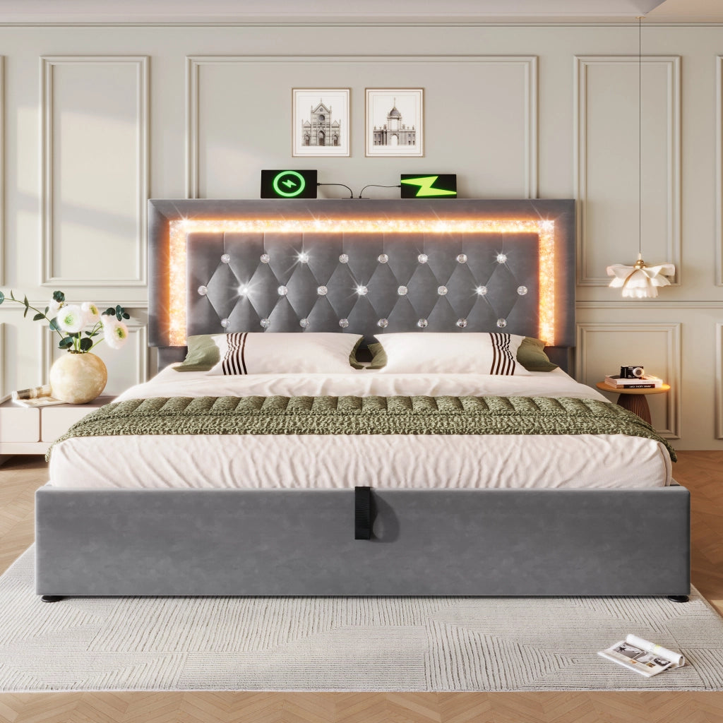 Letto con contenitore 180x200 cm in velluto grigio, LED, USB e USB-C